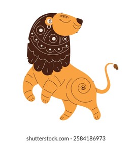 Whimsical illustration of a lion with a patterned mane and a playful expression. Artistic and decorative design in a cartoon style. Stylized Cartoon Lion with Decorative Mane