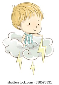 Whimsical Illustration of a Little Boy Playing with Lightning  Bolts While Sitting on a Storm Cloud
