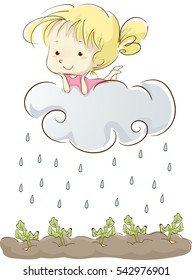Whimsical Illustration of a Little Girl Lying Lazily on a Cloud as it Rains on the Vegetables Below