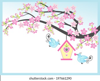 Whimsical illustration with lovebirds, blossoms, and bird house / Lovebirds, Blossoms and Birdhouse