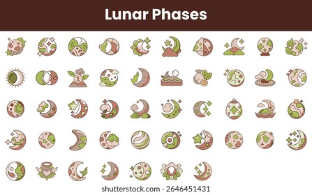 A whimsical illustration of lunar phases featuring various moon designs with earthy colors, showcasing the beauty and transitions of the moon in a playful style.