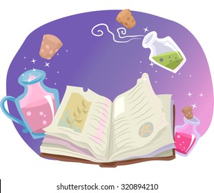 Whimsical Illustration of a Magic Book Framed by Bottles of Potion
