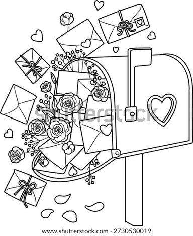 A whimsical illustration of a mailbox filled with envelopes, hearts, and blooming roses, symbolizing love and communication.