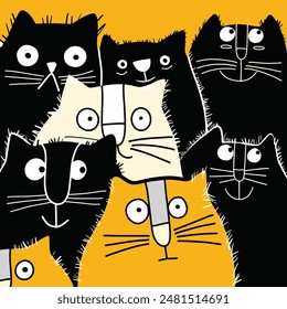 A whimsical illustration of multiple cartoon cats in black, white, and yellow, featuring varied and expressive faces set against a yellow background.
