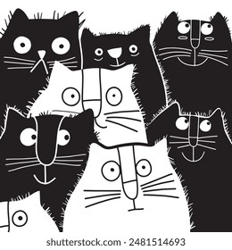 A whimsical illustration of multiple cartoon cats in black and white, featuring varied and expressive faces set against a white background.
