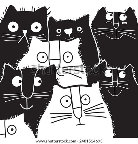 A whimsical illustration of multiple cartoon cats in black and white, featuring varied and expressive faces set against a white background.
