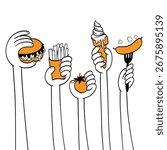 A whimsical illustration of multiple hands holding up tempting junk food like a hot dog, fries, and ice cream. 