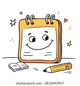 A whimsical illustration of an orange spiral bound calendar with a happy face surrounded by stars and a heart with a small book and pencil