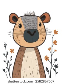 Whimsical illustration of an otter with a playful expression, detailed fur markings, and floral accents, drawn in a charming artistic style.