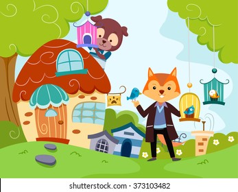 Whimsical Illustration of a Pet Shop Run by Anthropomorphic Animals