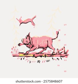 Whimsical illustration of a pink bull and a leaping fox. The pink bull stands on a log, while the fox jumps above. Pink bull and fox in a playful scene. Vintage illustration isolated on white, vector.