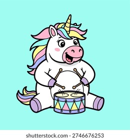 A whimsical illustration of a plump unicorn sitting and playing a colorful drum with drumsticks.