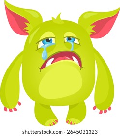 Whimsical illustration presents a light green cartoon monster, its large, expressive eyes welling up with blue tears as they stream down its face, conveying a sense of sadness and dejection