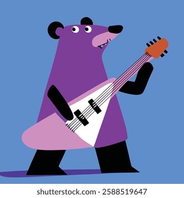 A whimsical illustration of a purple bear playing a stringed instrument. 