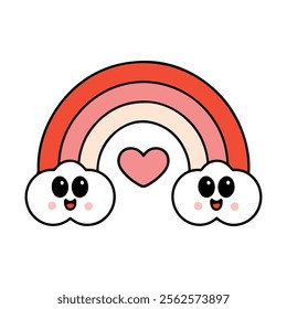 A whimsical illustration of a rainbow with two happy, cartoon clouds.