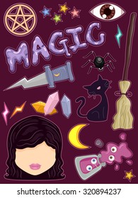 Whimsical Illustration of Ready to Print Stickers Featuring Witchcraft Related Items
