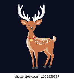 A whimsical illustration of a reindeer adorned with white decorative patterns and a red collar with a golden bell, set against a dark blue background