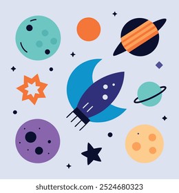 A whimsical illustration of a rocket soaring through space, surrounded by planets, stars, and moons. Perfect for adding a touch of playful charm to your designs.