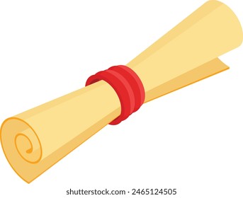 A whimsical illustration of a rolled up parchment tied with a red ribbon.