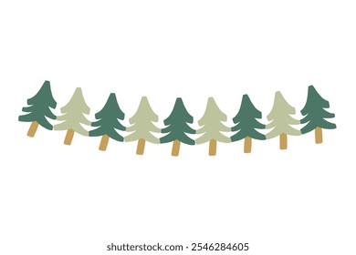 A whimsical illustration of a row of cartoon Christmas trees in varying shades of green. Perfect for festive and nature-themed designs, adding a playful touch to your holiday project