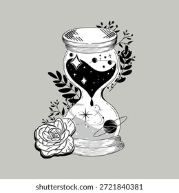 Uma ilustração caprichosa de um temporizador de areia com uma face sorridente, rodeado por estrelas, planetas e uma rosa. A imagem combina elementos de tempo, astronomia e natureza em um estilo encantador e desenhado à mão. Perfeito para cartões de felicitações, cartazes ou qualquer projeto de design que precise de um toque de criatividade e imaginação.