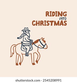 A whimsical illustration of Santa Claus on horseback, blending Western cowboy elements with traditional Christmas themes. Perfect for festive holiday designs and greeting cards