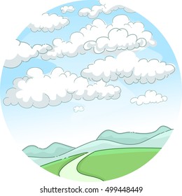 Whimsical Illustration of a Scenic Mountain Framed by Blue Skies Obstructed by Fluffy White Clouds