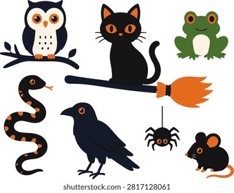 Whimsical illustration set featuring traditional halloween creatures such as black cat on broomstick owl sitting on branch frog snake raven spider and small mouse designed for festive seasonal graphic projects