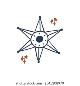 Whimsical illustration of a sheriff star with decorative elements. Ideal for Western-themed designs, stationery, or creative projects. Features a unique and playful artistic style