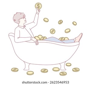A whimsical illustration shows a person joyfully bathing in shiny coins, symbolizing wealth and prosperity
