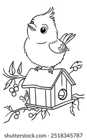 A whimsical illustration of a small, fluffy bird sitting atop a birdhouse surrounded by branches and berries, perfect for a coloring page for kids and bird enthusiasts.