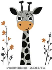 Whimsical illustration of a smiling giraffe with black spots, surrounded by simple floral elements, drawn in a playful, artistic style.