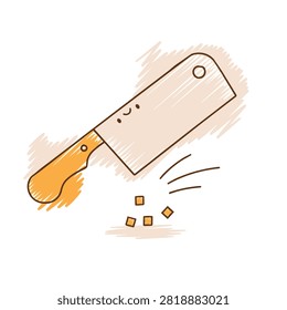 A whimsical illustration of a smiling kitchen cleaver knife actively dicing ingredients into tiny square pieces