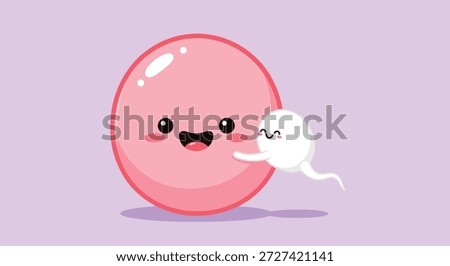A whimsical illustration of a smiling sperm cell reaching out to a cheerful, round egg cell, depicting fertilization in a friendly style.