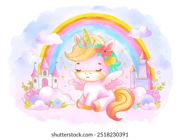 Whimsical illustration of a smiling unicorn with wings, surrounded by a colorful rainbow, flowers, and a fairy-tale castle. Perfect for children’s art and fantasy themes.