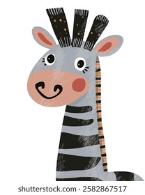 Whimsical illustration of a smiling zebra with striped fur, expressive eyes, and playful ears, drawn in a charming artistic style.