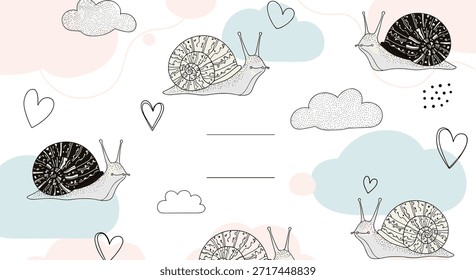Whimsical illustration of snails with patterned shells floating among fluffy clouds and pink hearts on a white background.