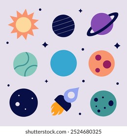 A whimsical illustration of a solar system with planets, a rocket, and stars, perfect for adding a fun and playful touch to your designs. This colorful graphic is ideal for kids' products, projects.