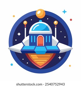 A whimsical illustration of a spaceship in the form of a futuristic dome, soaring through a starry sky. This charming design would be perfect for children's books, space-themed decor.