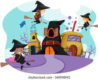 Whimsical Illustration of Stickman Kids Dressed as Witches Going to Wizardry School