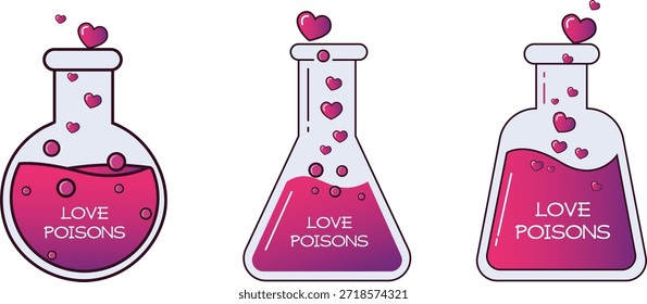 Ilustración caprichosa de tres frascos de laboratorio llenos de líquido rosa "venenos de amor" y corazones Pequeños, que mezclan ciencia y romance.