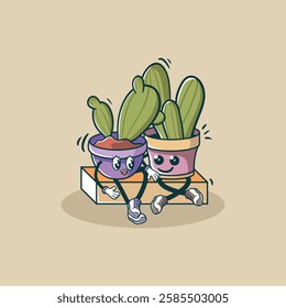 A whimsical illustration of two anthropomorphic cacti in pots sitting on a box, showcasing friendship and happiness.