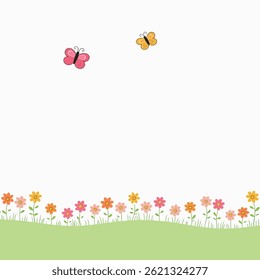 A whimsical illustration of two butterflies fluttering above a colorful field of flowers on a green lawn against a white background.
