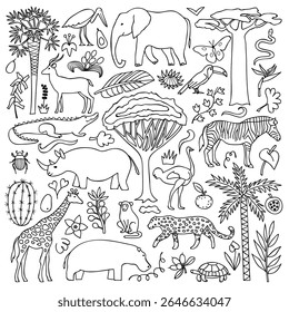 Whimsical illustration of various animals, plants, and natural elements, highlighting biodiversity.