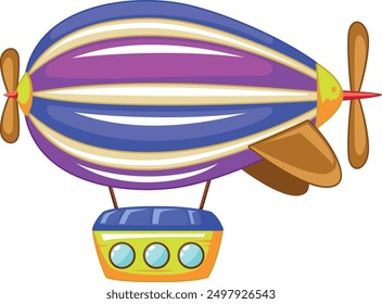 A whimsical illustration of a vintage airship or dirigible with vibrant stripes and propellers, perfect for children's books, educational materials, or creative designs.