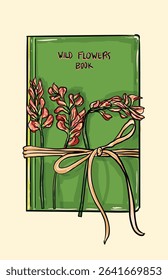Whimsical illustration of vintage books tied with a ribbon and decorated with wild flowers. A dreamy and artistic design perfect for nature lovers, readers, and vintage art fans.
