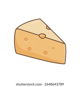 A whimsical illustration of a wedge of Swiss cheese, characterized by its distinctive holes (eyes) and a vibrant yellow-orange hue, set against a clean white background