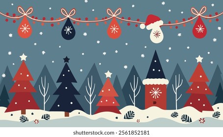 A whimsical illustration of a winter landscape featuring colorful Christmas trees, a cozy house, and decorative elements like snowflakes and ornaments.