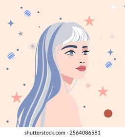 A whimsical illustration of a woman with flowing blue hair, symbolizing the zodiac sign Aquarius, set against a light celestial background. Ideal for mystical and horoscope designs. Aquarius