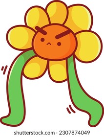 Whimsical illustration, yellow flowers come to life, walking with their small stalks and displaying a surprising fierceness in their expressions. This unique artwork combines elements of nature and im